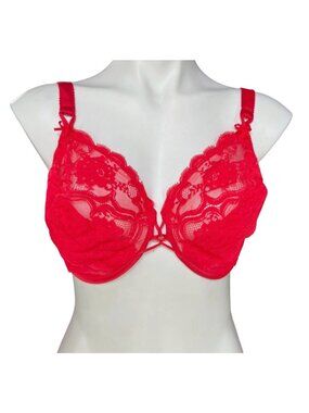 Vanity Fair Underwire Bra 38D Red Lace Adj. Straps Sheer Floral Mesh Coquette